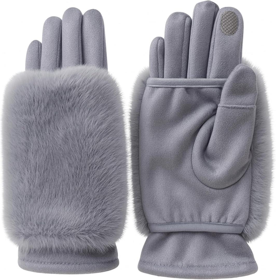 Siwujia Touchscreen Winter Gloves for Women: 3-in-1 Convertible, Detachable Faux Fur Cuffs, Warm for Driving & Texting, Gray