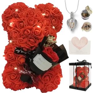 Romantic Valentines Day Gift for Her, Artificial Flowers Bouquet Necklace Rose Teddy Bear with Real Pearl Blind Box Birthday Gift, Valentiness Day Gift for Monther Wife Girl (Red)