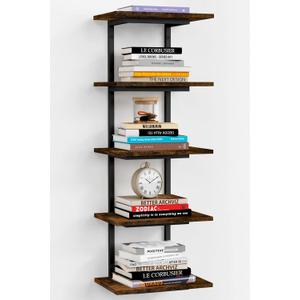 5 Tier Wall Bookshelf Unit for Bedroom Books, Large Floating Book Shelves Wall Mounted, Rustic Wood Lack Tiered Hanging Shelf for Kitchen Office Living Room Corner (Dark Brown)