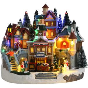Bdor Collectible Buildings Lighted Animated Christmas Village with Train and Music – Plug-in LED Christmas Decoration for Tabletop, Home, Gift Shop Display – Musical Holiday Collectible Centerpiece, 12.2"L x 11"W x 11"H