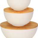 ShineMe Salad Bowl with Lid, Natural Bamboo Fiber Serving Bowls Set of 3 with Bamboo Wood Lids, Beige Mixing Bowls Set for Preparing, Storing and Serving Salad Fruit Chips Bread(10",8",6")