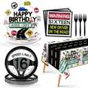 98Pcs Drivers License 16th Birthday Party Decorations for Boys New Driver Car Road 16th Birthday Plates and Napkins Tablecloth Tableware Sets for Learner Driver 16 Years Old Party Favors Serves 24