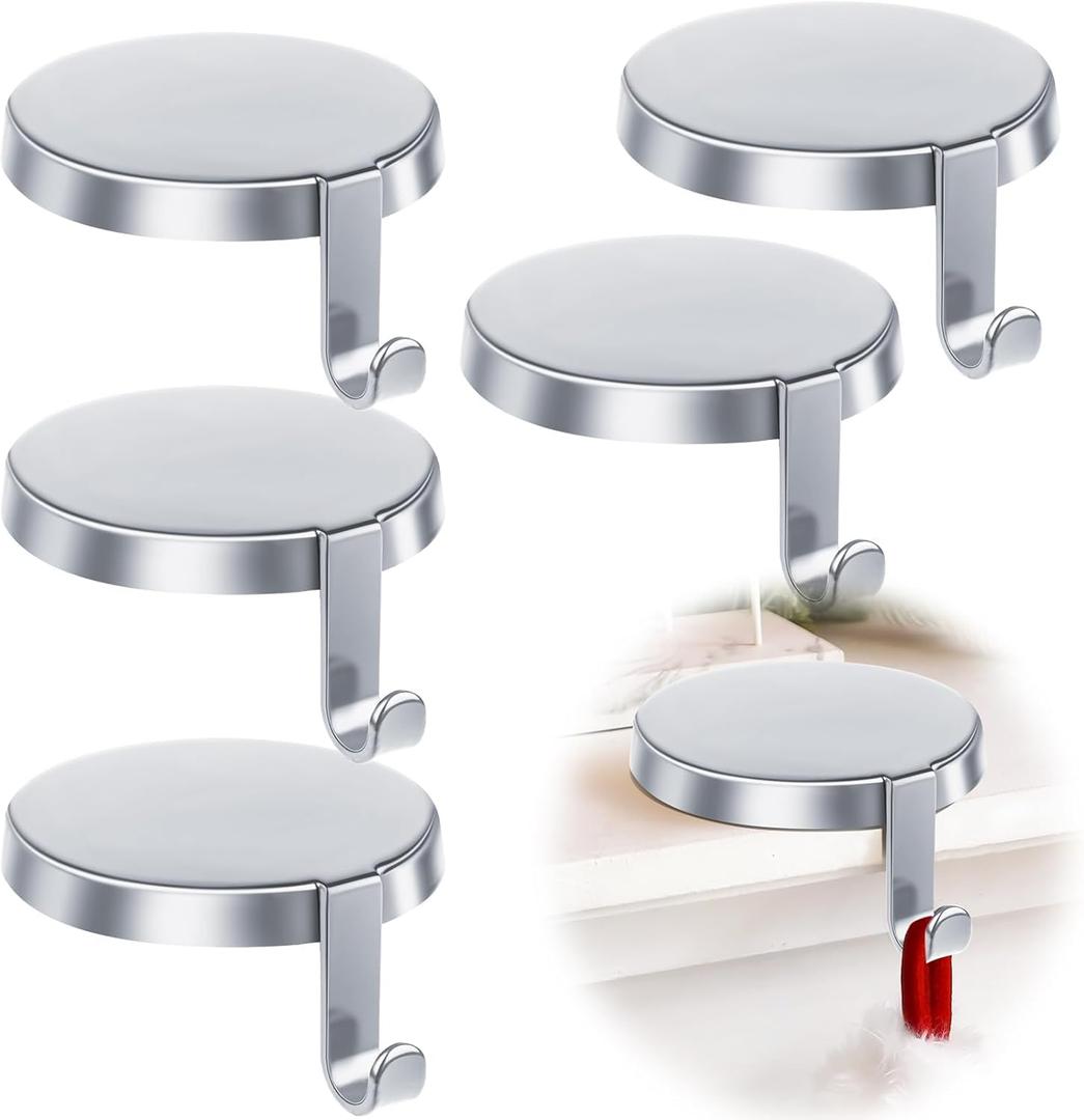 WYTAOHZL 6 Pack Christmas Stocking Holder Round Mantle Stocking Holders with Non-Slip Bases Metal Hanging Hooks for Christmas Fireplace Stand DIY Decoration,Silver