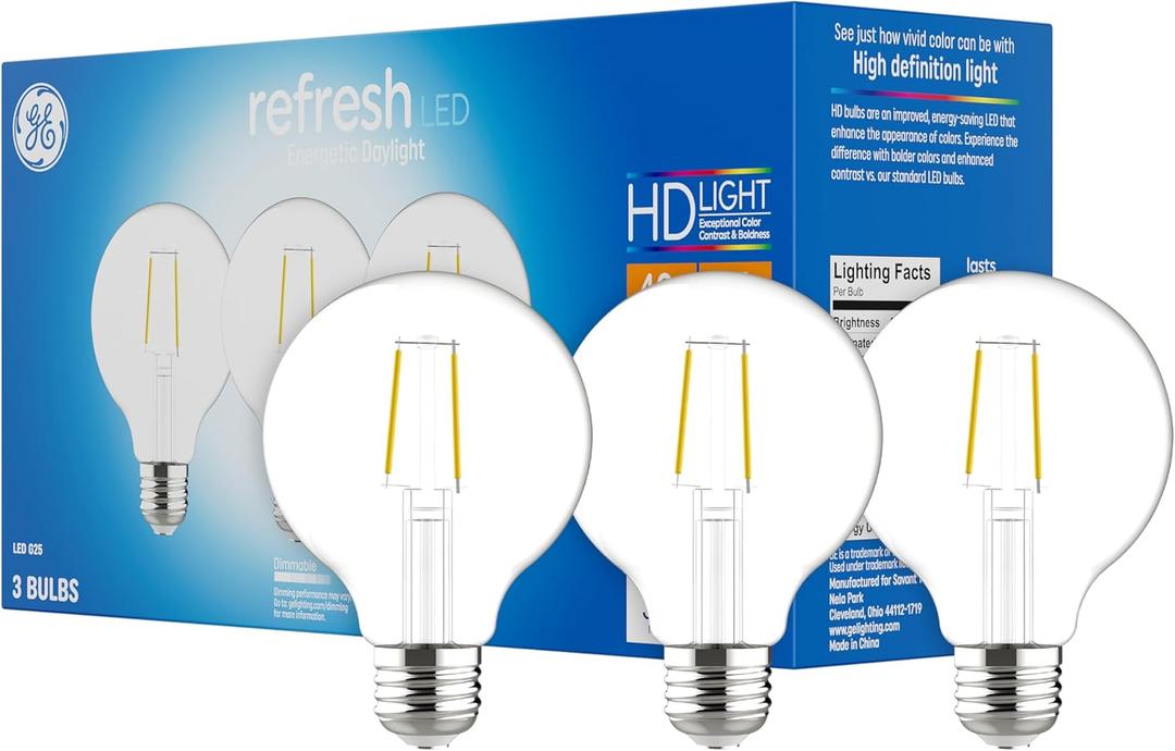 GE Refresh LED Light Bulbs, 40 Watt, Daylight, G25 Globe Bulbs, Clear, Medium Base (3 Pack)