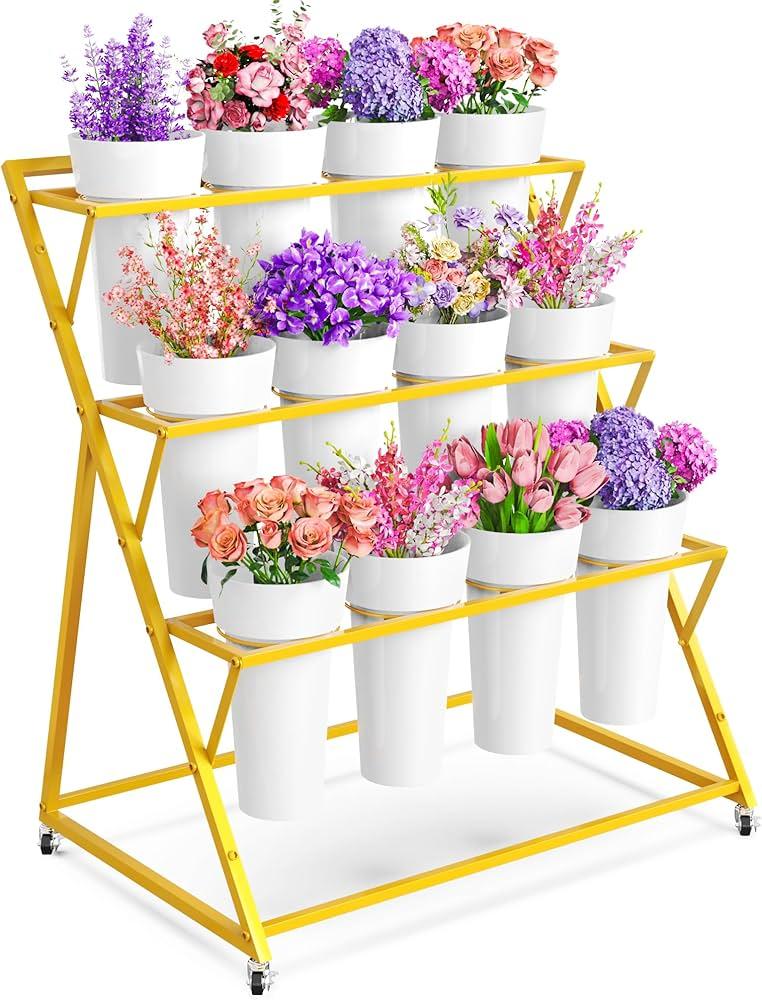 VGMiu Flower Display Stand with 12 Buckets, Gold Flower Cart with Wheels 3 Layers Metal Flower Bar Stand Moving Flower Stand Florist Bouquet Shelf for Weddings Party Ceremony Indoor Outdoor Garden