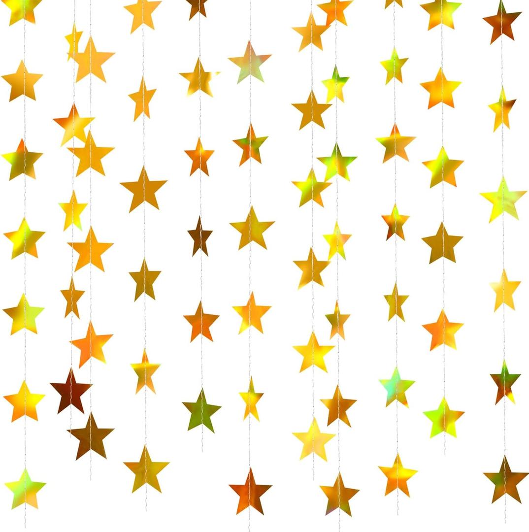 Patelai Glitter Star Garland Banner Decor 130 Feet Star Hanging Bunting Banner Twinkle Backdrop for Classroom Baby Shower Wedding Birthday Christmas Party Supplies(Iridescent Gold)