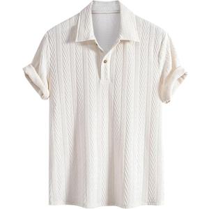 ZAFUL Men's Polo Shirts Textured Short Sleeve Golf Shirt Openwork Casual Cuban Geometric Jacquard T-Shirt (White, L)