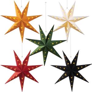 EASY JOY 5-Piece 7-Pointed Paper Star Decoration With Light - 12 Inch 3D Paper Star Lantern for Christmas, Home, Party, Wedding, Birthday