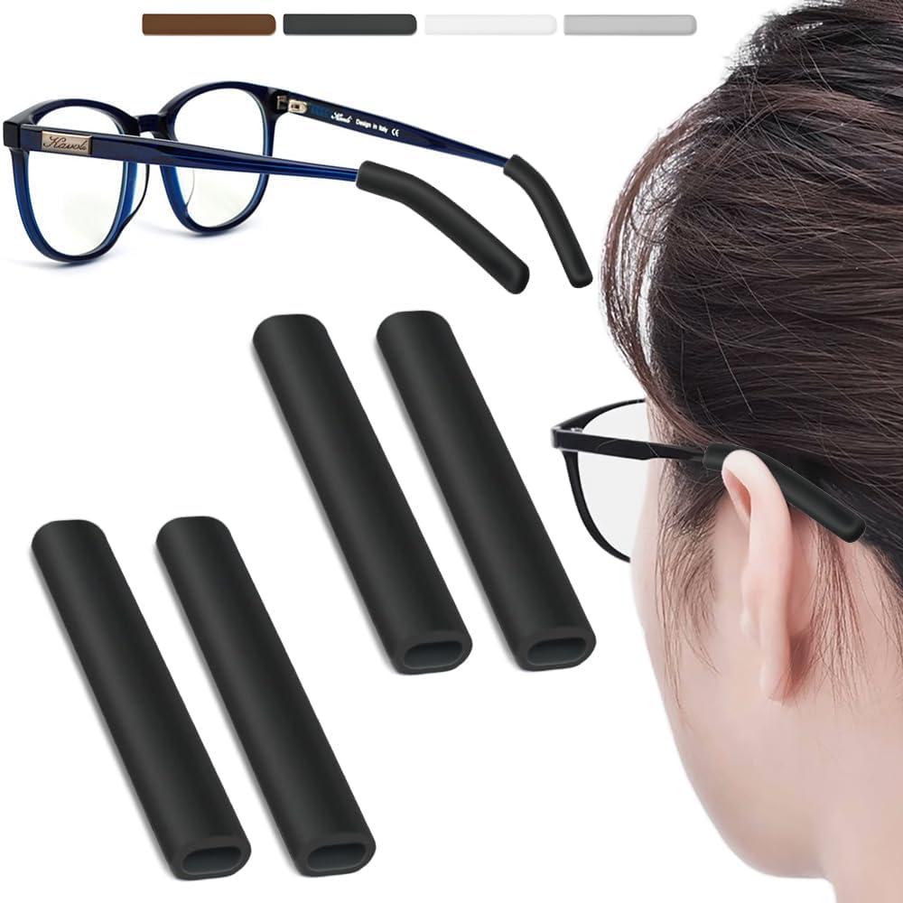 2 Pairs Silicone Glasses Ear Cushion, Eye Glasses Ear Grippers Anti Slip, Rubber Ear Pieces Non Slip, Soft Eyeglass Ear Cushions for Pain, Temple Sleeves Tips Ear Pads for Preventer (Black)