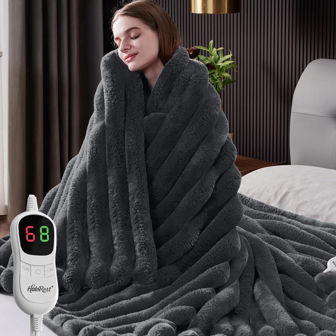 Heated Blanket Full Size, Faux Fur Cozy Heating Blanket with Overheat Protection, 1/2/4/6/8 Hours Auto-Off 10 Heat Level, Machine Washable (72x84 Inches, Darkgrey)