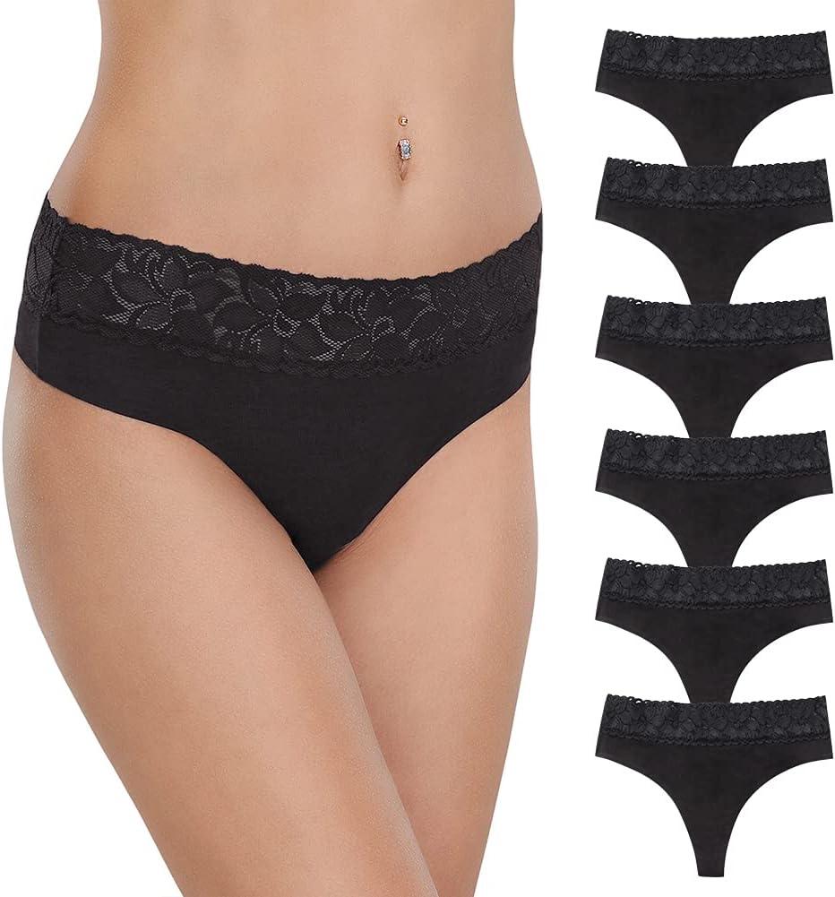 Women's Thongs Underwear Cotton Seamless Thongs for Women Lace Trim Panties (Medium)