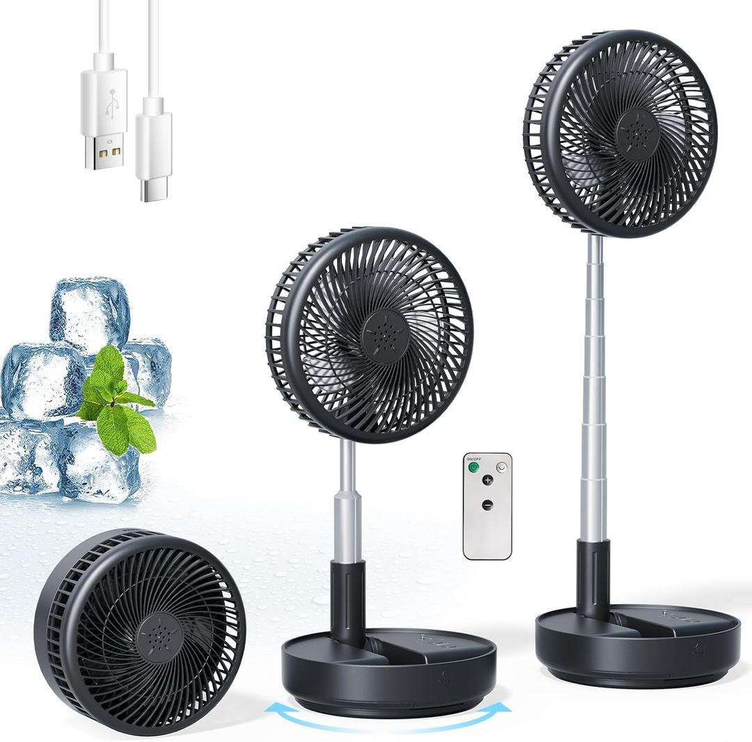 Portable Oscillating Rechargeable Fan, Battery Operated with 4 Speed Settings & Remote Control, Desk Travel Fan for Sleeping, Camping, Cruise, RV - Black 8" USB C