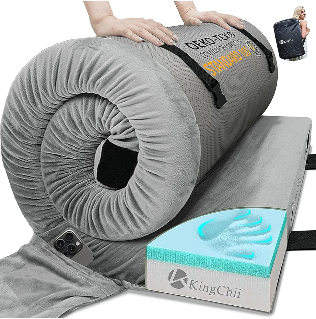 KingChii CertiPUR-US Memory Foam Camping Mattress, Portable Roll Up Travel Sleeping Pad, Cot Mattress Guest Bed for Sleepover with Waterproof Cover & Travel Bag, Gray