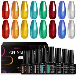 MEET ACROSS 7ml Metallic Gel Nail Polish Set, 2 In 1 Glitter Thread Shell Nail Gel Kit, Soak Off UV LED Nail Art Gel Varnish Manicure (0.24 Fl Oz (Pack of 8))