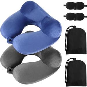 Sintuff 2 Pcs Inflatable Travel Pillow with Compact Bag and Blindfold Velvet Inflatable Neck Airplane Pillow Washable Cushion for Airplanes Flight Car Long Traveling Kids Adults Grey Blue