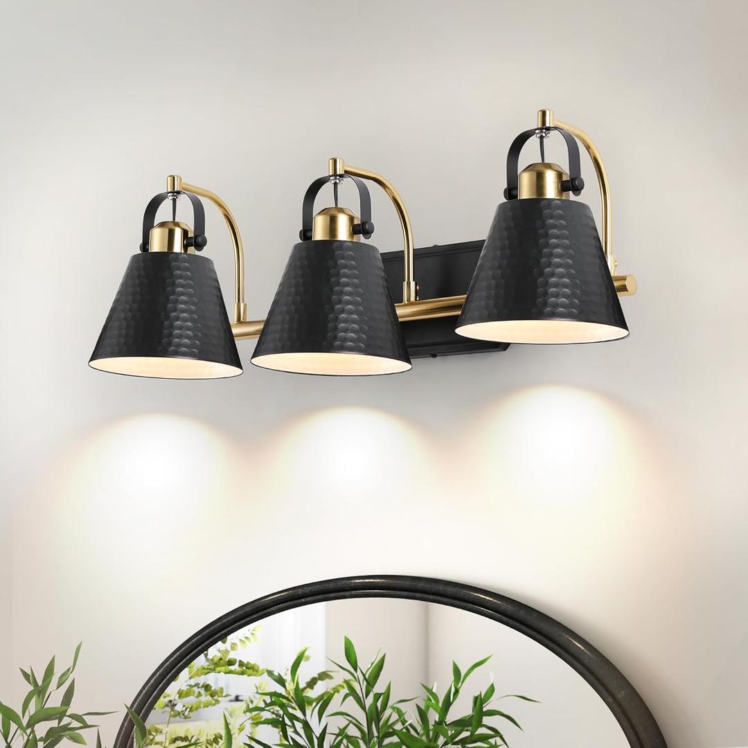 PAZALA Black Gold Vanity Light Fixture - 3 Lights Modern Bathroom Vanity Lights Over Mirror 24 Inch, Bathroom Wall Lighting E26 Base (3-Light, Black Gold)