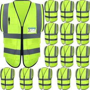 JaGely 15 Pack Reflective Safety Vests with Pockets and Zipper Construction Work High Visibility Vest for Men Women(Medium,Fluorescent Green)