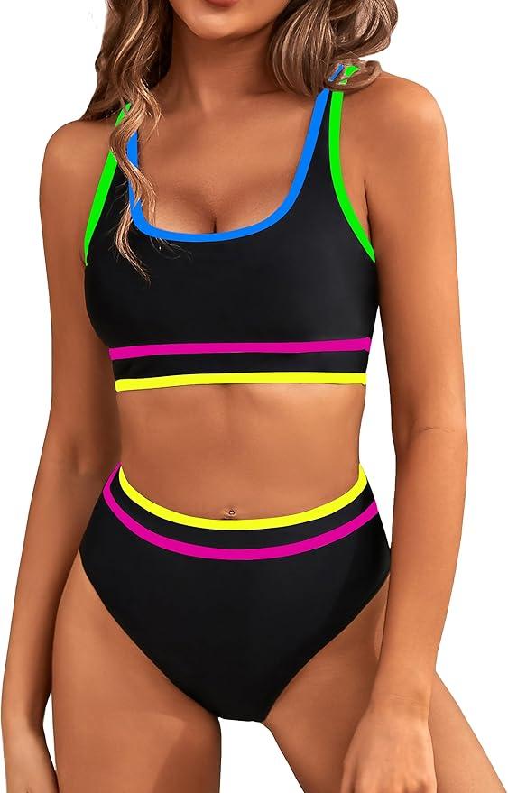 BMJL Women's High Waisted Bikini Sets Sporty Two Piece Swimsuits Color Block Cheeky High Cut Bathing Suits S 