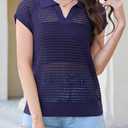 Arach&Cloz 2025 Womens Crochet Cap Sleeve Sweater Vest Knit Tops Spring Summer Shirts Lightweight Collared Hollow Out Casual Blouses Pullover Navy S (S)