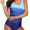 American Trends One Piece Swimsuit Women Criss Cross Back Color Block Print Bathing Suits Athletic Modest Swimwear (12-14)