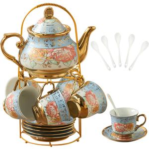 20Pcs Porcelain Tea Set for Adults, European Ceramic Tea Set Flower Ceramic Tea Cups, Teapot, & Saucers with Metal Holder for Women Tea Party (Blue)