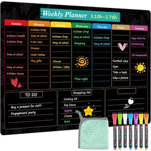 MaxGear Black Weekly Dry Erase Board,16"x12" Magnetic Whiteboard Meal Planner Blackboard for Fridge, Chalkboard Calendar Menu Planning Board Notepad for Kitchen with 7 Markers and 1 Eraser