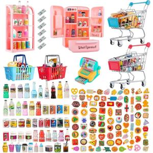 164Pcs Mini Shopping Cart Basket Miniature Food Drink Toy Supermarket Metal Handcart Trolley DollHouse Store Grocery Accessories Kitchen Play Game Party Model Shelves Cash Register Refrigerator Fridge