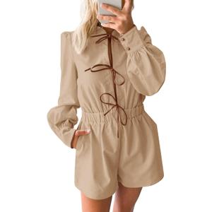 Cicy Bell Womens Casual Short Rompers Cute Tie Front Long Lantern Sleeve Shorts Jumpsuits with Pockets 2025 Fall Outfits (Small, Khaki)
