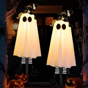Halloween Decor Hanging Ghost Lights, Battery Operated Cute Floating Ghost Decor with Witch Hat & Striped Legs, 3 Light Modes  Indoor Outdoor Halloween Home Party Porch Yard Tree Decor (Set of 2)