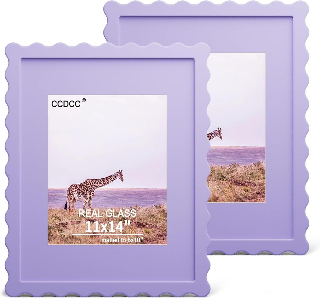 11x14 Picture Frame with Real Glass, Wooden Wavy Photo Frame with 8x10 Mat for Tabletop and Wall Hanging, Purple, 2 Pack