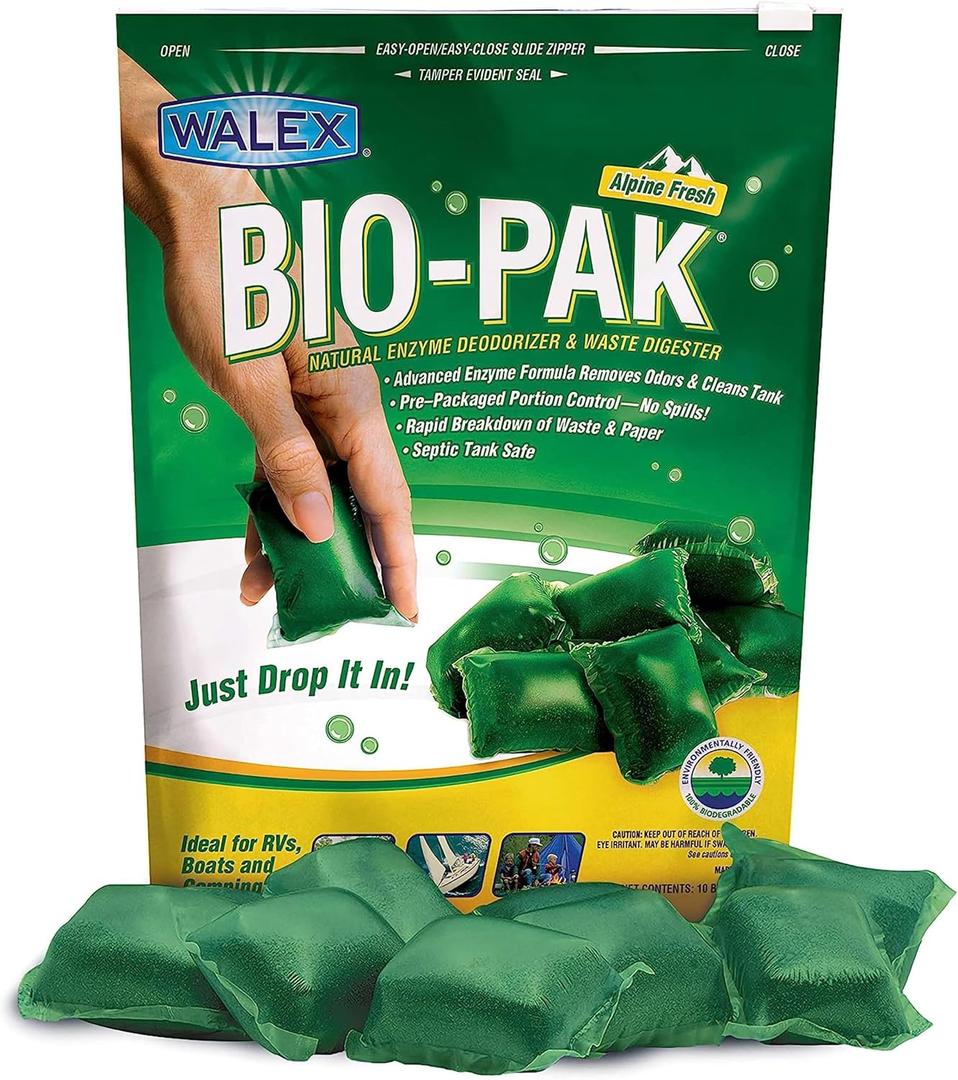 Walex Bio-Pak Black Holding Tank Deodorizer & Waste Digester Drop-Ins - Advanced Enzyme Formula for Rapid Breakdown of Waste & Paper, Removes Odors & Cleans Tank; Alpine Fresh, 10-Pack