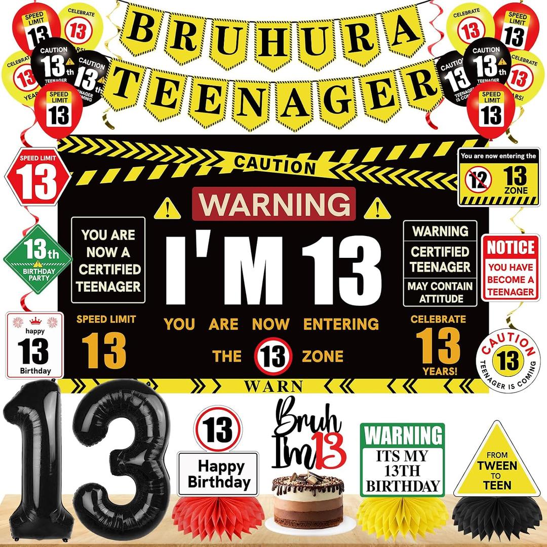 Kuxriox Happy 13th Birthday Decorations for Boys Girls, Bruh Ur A Teenager Birthday Banner, I'm 13 Bday Backdrop Balloons Cake Topper Party Supplies, Black Caution Themed Teenager 13 Years Old Sign