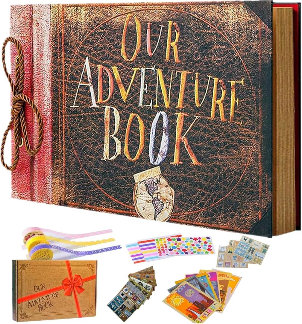 Adventure Book Scrapbook DIY Handmade Retro Style Travel Souvenir, 11.92 x 7.62" Embossed Lettering Scrapbook Inspired by 'Up', Memory Book For Anniversary Wedding,Travelling (Vintage Color-11.9 IN-40vintage book)