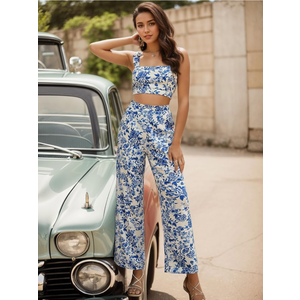 Floerns Women's 2 Piece Summer Outfit Floral Print Knot Shoulder Zip Back Crop Cami Top and Maxi Pants Set ,Size M