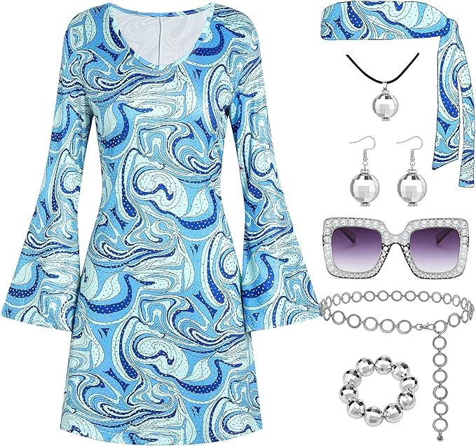 70s Disco Outfit Women, 7 PCS 70's Disco Dress Costume Hippie Clothes Accessories Jewelry Halloween L