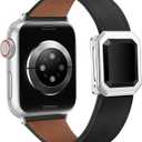 Leather Bands Women Compatible with Apple Watch  Emerald Cut Glass Gemstone Magnetic Clasp Designer Strap for iWatch Size: 46(S10/11)/49/45/44/42mm(S1/2/3) (A2 Black/Silver)