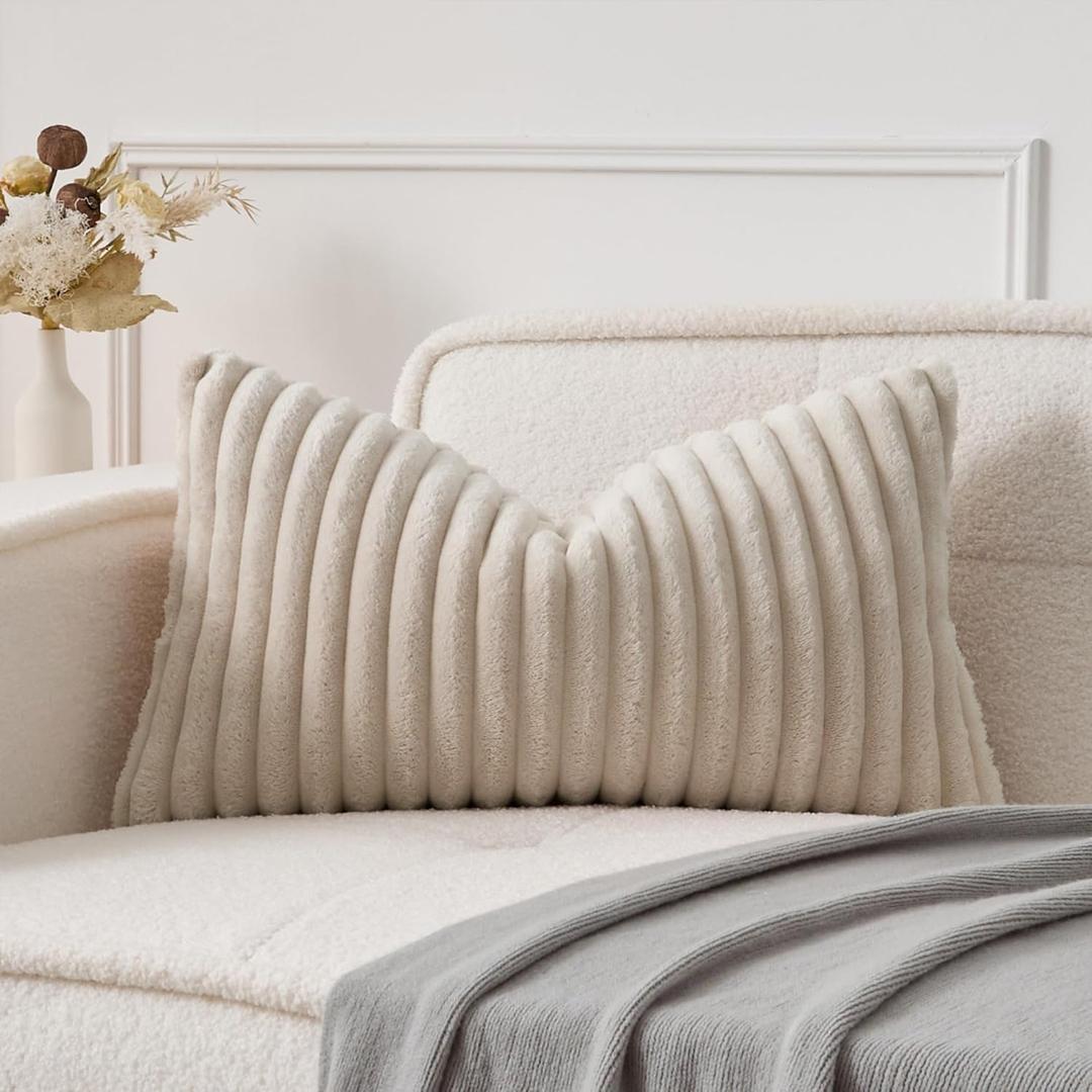 UGASA Lumbar Throw Pillow Cover 12x20 Inch Set of 1 Super Soft Faux Fur Decorative Pillow Case Plush Flannel Texture Accent Rectangle Pillowcase for Sofa Couch Living Room Chair, Beige