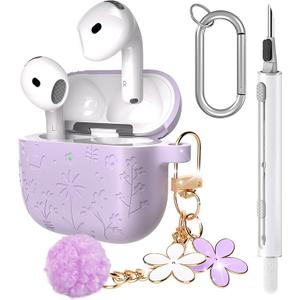 CAISATEQ Compatible with AirPods Pro 3 Case 2025, Cute Floral Engraved Soft Silicone Cover with Rose Pearl Keychain and Cleaning Kit, Shockproof and Dustproof, Pink