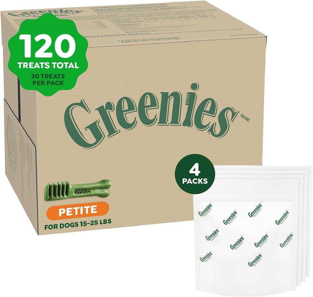 Greenies Veterinarian-Recommended Adult Natural Dental Dog Treats Petite Size, Original Flavor, (4) 30 ct Packs (120 Treats) (EXP 09/15/27)