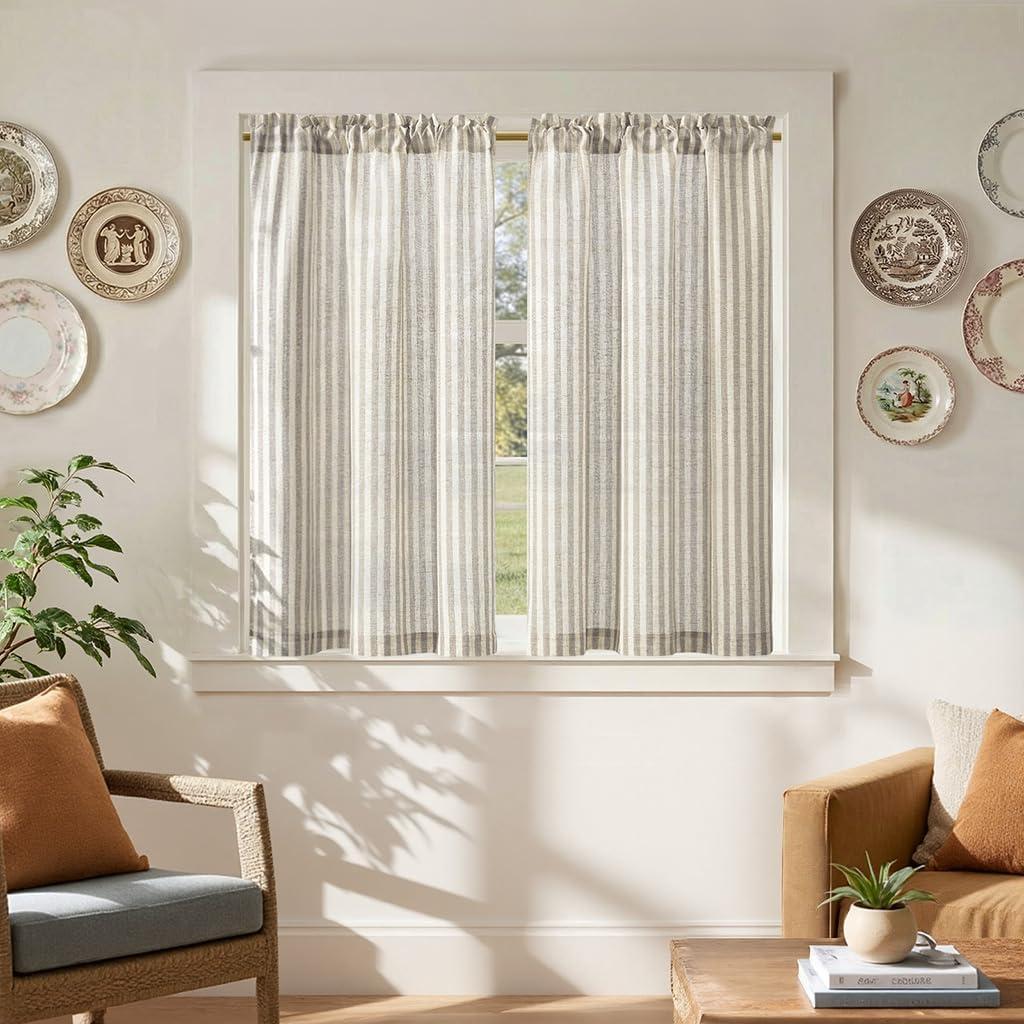 jinchan Striped Linen Kitchen Curtains 45 Inches Tier Curtains Farmhouse Modern Cafe Style Small Window Treatments Airy Light Filtering Rod Pocket for Living Room Bathroom 2 Panels Taupe Grey