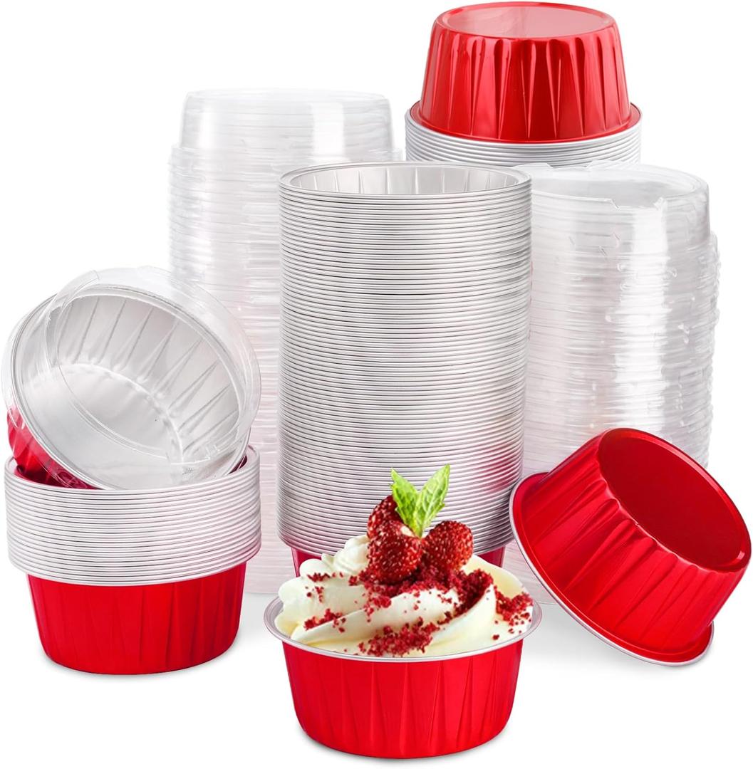 DEAYOU 100 Pack Aluminum Foil Cupcake Liners with Lids, 5oz Round Ramekin Baking Cups, Disposable Tart Pie Tin Pan Holder, Mini Cake Containers for Pudding, Party, Wedding, Oven Freezer Safe, Red