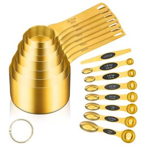 GuDoQi 15pcs Gold Magnetic Measuring Spoons and Cups Set, Stainless Steel 8 Dual Sided Magnetic Measuring Spoons set with Leveler, 7 Cups, Measurement for Liquid and Dry Ingredients for Kitchen