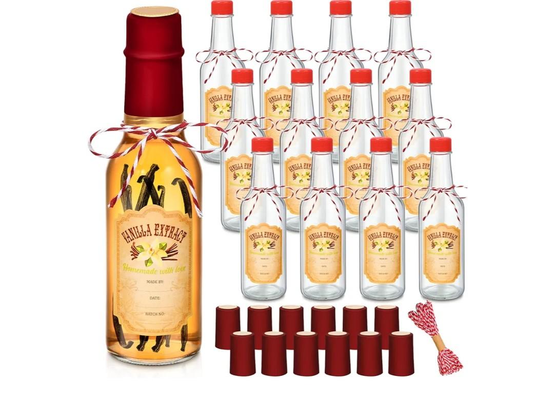 Tioncy 12 Pcs 5 Oz Vanilla Extract Bottles for Homemade Vanilla Jar Woozy Glass Bottle with Cap, Shrink Capsules, Sticker Syrup Gift Food Storage Canister for Hot Sauce Spice Dressing Homemade (Red)