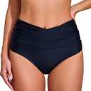 COCOPEAR V-Cross High Waisted Bikini Bottoms Tummy Control Full Coverage Bikini Bottoms for Women (X-Large, Black)