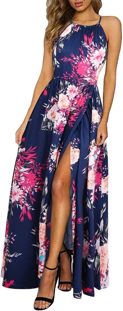 KILIG Women's Summer Maxi Dress 2025 Casual Sleeveless Split Floral Sundress Beach Vacation Flowy Long Dresses (Large, Navy Pink Floral)