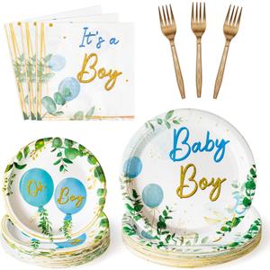 G1ngtar 96Pcs It's a Boy Greenery Baby Shower Party Plates Supplies - Sage Green Watercolor Blue Balloon Party Tableware Decorations Disposable Paper Plates Napkins Fork for Birthday, Serves 24 Guests