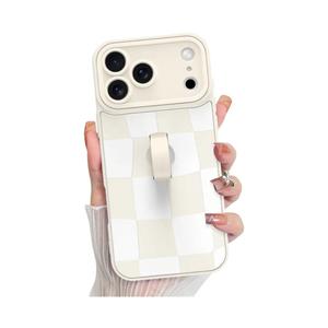 KANGHAR Compatible with iPhone 17 Pro Max Case 2025, Silicone Checkered Cute Pattern, Wristband Kickstand Camera Protection Soft Slim Cover for Girls Women -White
