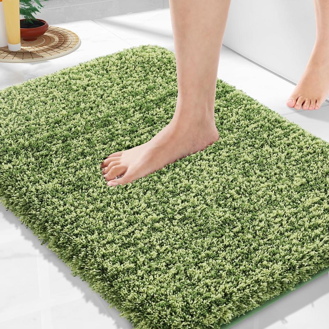 Yimobra Bathroom Rugs Non Slip Washable, Ultra Soft and Water Absorbent Bath Mats, Plush Fluffy Shower Mat Outside, Microfiber Thick Matts for Bathroom Floor/Sink, 24x17, Light Green and Dark Green