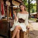 Renaissance Costume Women Pirate outfit Ren Faire Dress Off Shoulder Bell Sleeve Arm chain Waist Belt waist chain, Size Small