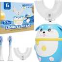 Kids U Shaped Electric Toothbrush, 5 Cleaning Modes with 4 Brush Heads,Cartoon Dog 360°Sonic Automatic Cleaning IPX7 Waterproof Design 2-7 Age (Blue)